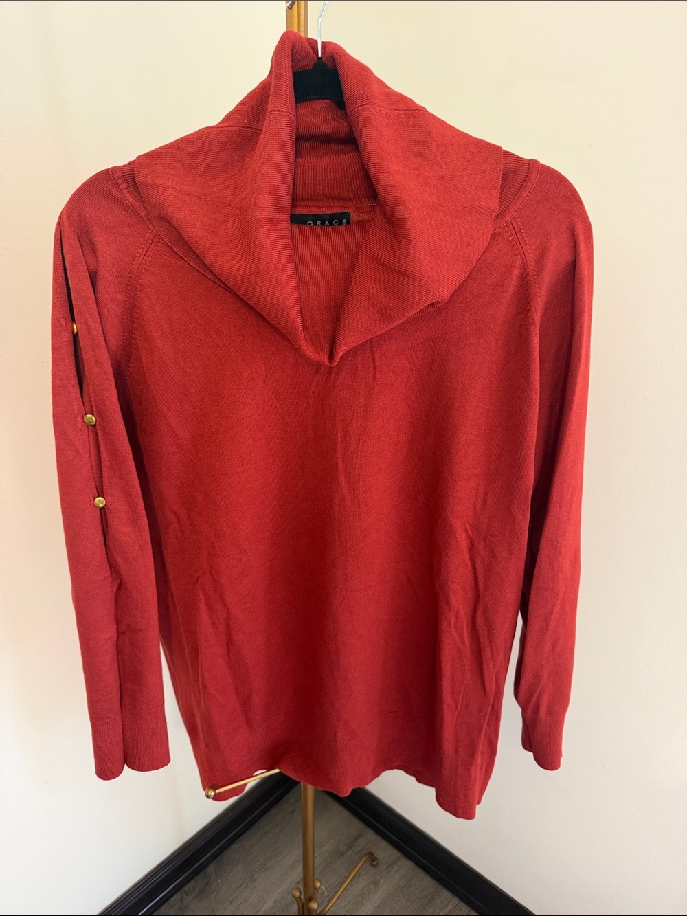 Grace Red Cowl-Neck Sweater with Gold Button Accents